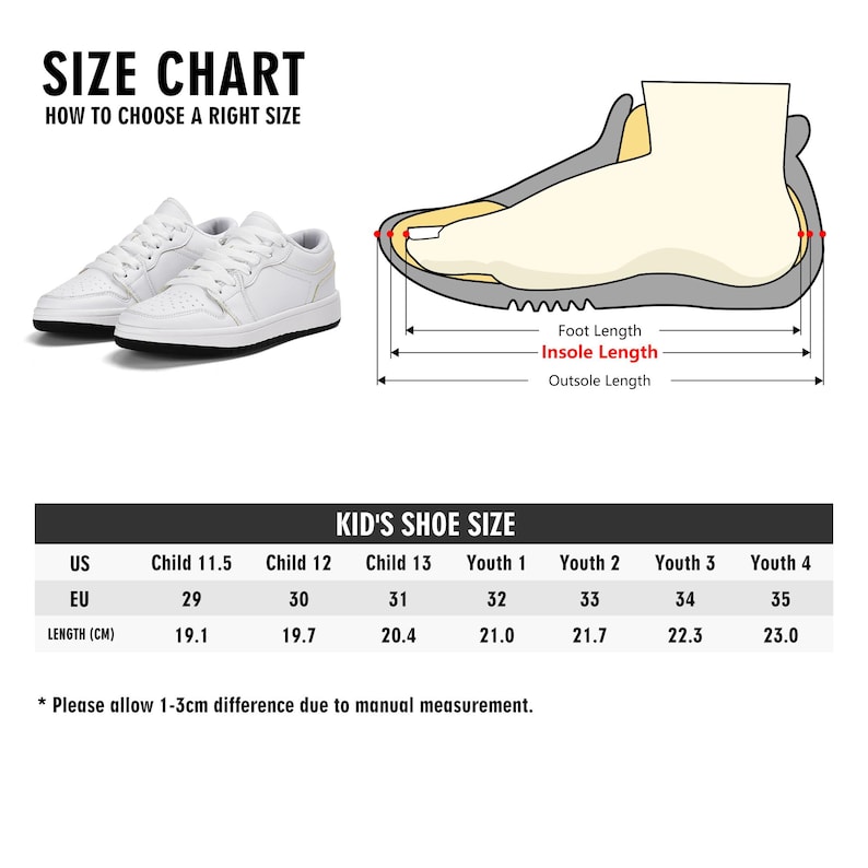 Peut inclure: Tableau des tailles de chaussures pour enfants avec des baskets blanches. Le tableau indique les tailles US, EU et la longueur en cm. Le texte indique "TABLEAU DES TAILLES" et "COMMENT CHOISIR LA BONNE TAILLE". Tailles de Child 11.5 &agrave; Youth 4.