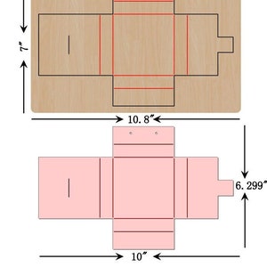 May include: Two die-cut templates for a box. The top template is on a wooden background, measuring 10.8 inches wide and 7 inches tall. The bottom template is pink, measuring 10 inches wide and 6.299 inches tall. The text "JT-3879" is visible.
