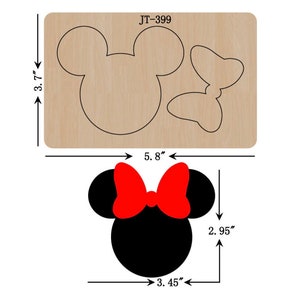 May include: A wooden die-cut featuring a Minnie Mouse design. The die-cut measures 5.8 inches by 3.7 inches. The Minnie Mouse head is black with a red bow, measuring 3.45 inches wide and 2.95 inches tall. The text "JT-399" is visible.