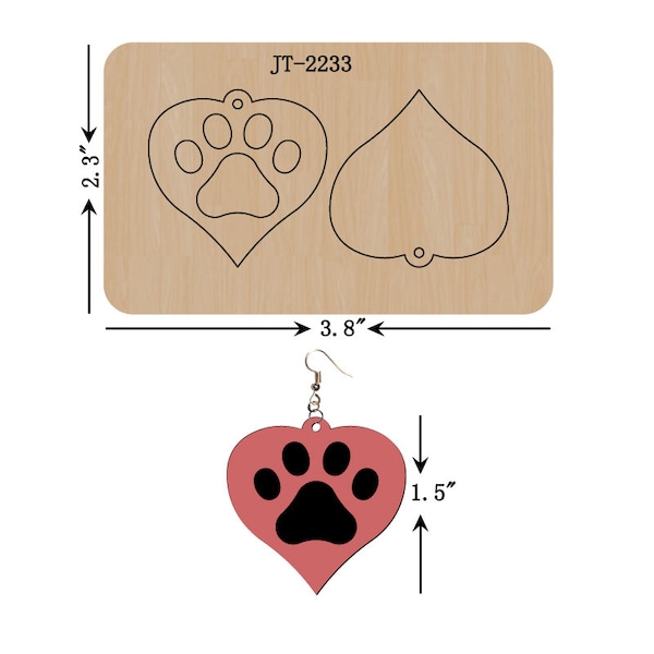 Troquel para pendientes de cuero con estampado de huella de pata en forma de corazón, 1,5 pulgadas, compatible con Sizzix, JT2233
