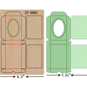 May include: Two die-cut templates for a gift box, one in natural wood and the other in green. The wood template is 12 inches tall and 8.3 inches wide, with an oval window. The green template is 11.24 inches tall and 7.51 inches wide.