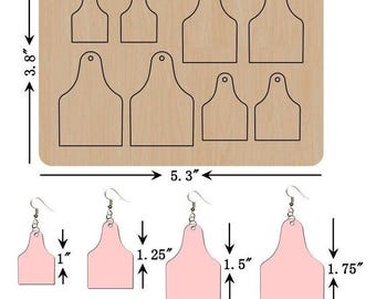 May include: A wooden die-cut template with the text "JT-5517" and outlines of earring shapes. The template is 5.3" wide and 3.8" tall. Below are four pink earrings with measurements ranging from 1" to 1.75" in height.