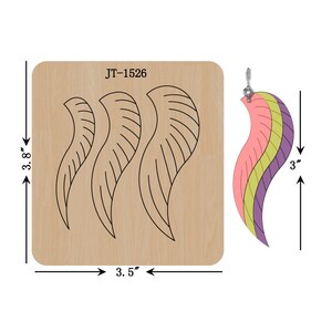 May include: A wooden craft die with the text "JT-1526" and three feather shapes. The die measures 3.5 inches by 3.8 inches. A separate, colourful feather shape is shown with a silver loop for hanging.