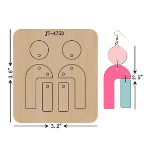 May include: A laser cut wood template for making earrings. The template includes two circles, two arches, and two rectangular shapes. The finished earrings will be 2.5 inches tall and feature a pink, blue, and white color scheme. The template is labeled JT-4753.