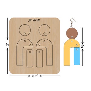 May include: A wooden template for making earrings, with the code JT-4752 printed on it. The template includes two circles, two arches, and two rectangles. The template is 3 inches tall and 2.7 inches wide. A pair of earrings made using the template is shown to the right of the template. The earrings are made of brown, yellow, and blue wood and are 2 inches tall.