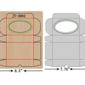 May include: Two die-cut box templates. One is a light brown wood color, the other is gray. The brown template is 10.7 inches tall and 8.5 inches wide. The gray template is 9.91 inches tall and 7.76 inches wide. Both have an oval window.