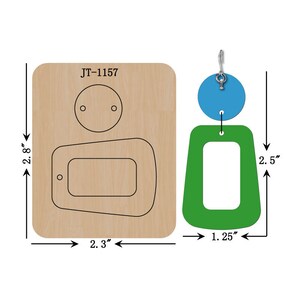 May include: A wood craft die cut template for making earrings. The template includes a 2.5 inch tall rectangle with a 1.25 inch wide opening, a 2.8 inch tall oval with a 2.3 inch wide opening, and a 2.5 inch diameter circle with a 1.25 inch diameter opening. The template is labeled JT-1157.