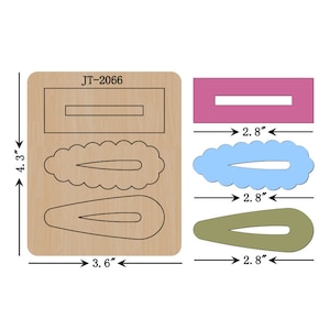May include: A wood cutting template for making hair clips. The template includes three different shapes: a rectangle, a wavy oval, and a teardrop. The template is labeled JT-2066. The measurements of the template are 4.3 inches by 3.6 inches. The measurements of the individual shapes are 2.8 inches by 2.8 inches.