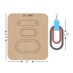 May include: A wooden template for crafting earrings, featuring three oval shapes and a rectangular shape with two holes. The template is 2 inches wide and 2.3 inches tall. A sample earring is shown, featuring three concentric ovals in gray, pink, and light blue, with a silver hook. The earring is 1.5 inches tall. The template is labeled "JT-2784".