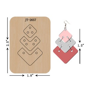 May include: A wooden die-cutting template for making earrings. The template features a design of three stacked diamond shapes with holes for attaching earring findings. The template is 1.8 inches wide and 2.5 inches tall. The text "JT-2657" is printed on the template.