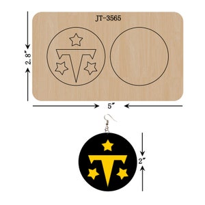 May include: A wooden template for making earrings, with a 5 inch by 2.8 inch rectangle and two circles. The circles are 2 inches in diameter. The template is labelled JT-3565. A pair of earrings are shown below the template. The earrings are black with a yellow T and three yellow stars.