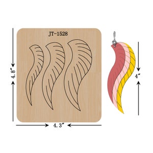 May include: A wooden craft sheet with three leaf shapes and a separate leaf shape with a metal earring hook. The sheet measures 4.3 inches by 4.8 inches. The leaf shape measures 4 inches tall. JT-1528 is printed on the sheet.