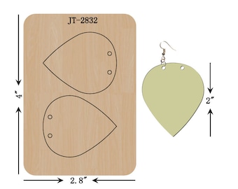 May include: A wooden die-cutting template for making teardrop-shaped earrings. The template includes two earring shapes, each with two holes for earring posts. The template measures 4 inches by 2.8 inches. The die-cutting template is labeled JT-2832.
