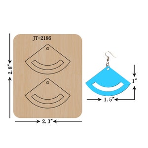 May include: A wooden die-cutting template for making earrings. The template features two earring shapes, each with a curved top and a straight bottom. The template is 2.3 inches wide and 2.8 inches tall. The template is labeled JT-2186.