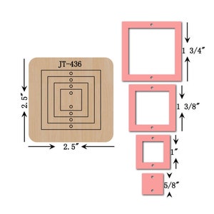 May include: A wooden square stamp with the text "JT-436" and four concentric square cutouts. The stamp is 2.5 inches wide and 2.5 inches tall. There are five additional pink square stamps of varying sizes, with the largest being 1 3/4 inches wide and 1 3/4 inches tall, and the smallest being 5/8 inches wide and 5/8 inches tall.