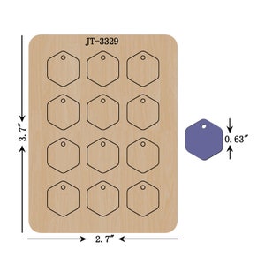 May include: A wooden craft die with 12 hexagonal shapes, each with a hole in the center. The die measures 3.7 inches by 2.7 inches. The die is designed to cut out hexagonal shapes from paper or cardstock. The die is labeled JT-3329.