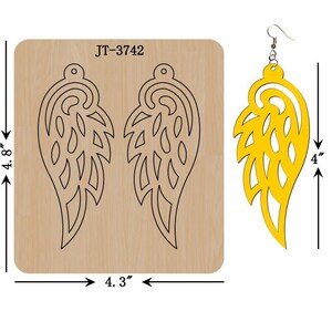 May include: A wooden craft sheet with two cutout patterns of a wing design, measuring 4.3 inches wide and 4.8 inches tall. The sheet includes the text "JT-3742". A yellow wing cutout is shown separately, measuring 4 inches tall.