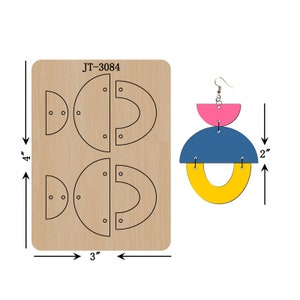 May include: A wooden die-cutting template for making earrings. The template includes two sets of shapes for making geometric earrings with a yellow, blue, and pink color scheme. The template measures 3 inches by 4 inches. The text "JT-3084" is printed on the template.