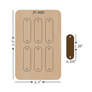 May include: A wooden die-cut with the text "JT-4620" and eight oval shapes with holes. The die-cut measures 3.5 inches by 2.3 inches. A separate brown oval shape is 1.25 inches long and 0.375 inches wide.