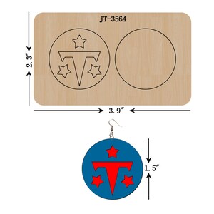 May include: A wooden template for making earrings, with the text "JT-3564" printed on it. The template includes a circle with a star and a T-shaped design inside, and a blank circle. A pair of blue and red earrings with a star and T-shaped design are shown below the template. The earrings are 1.5 inches in diameter.