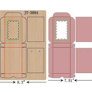 May include: Die cut templates for a gift box, with dimensions of 12" x 8.3" and 11.24" x 7.51". The templates are made of light brown and pink cardboard. The gift box design includes a scalloped window and a rectangular shape.
