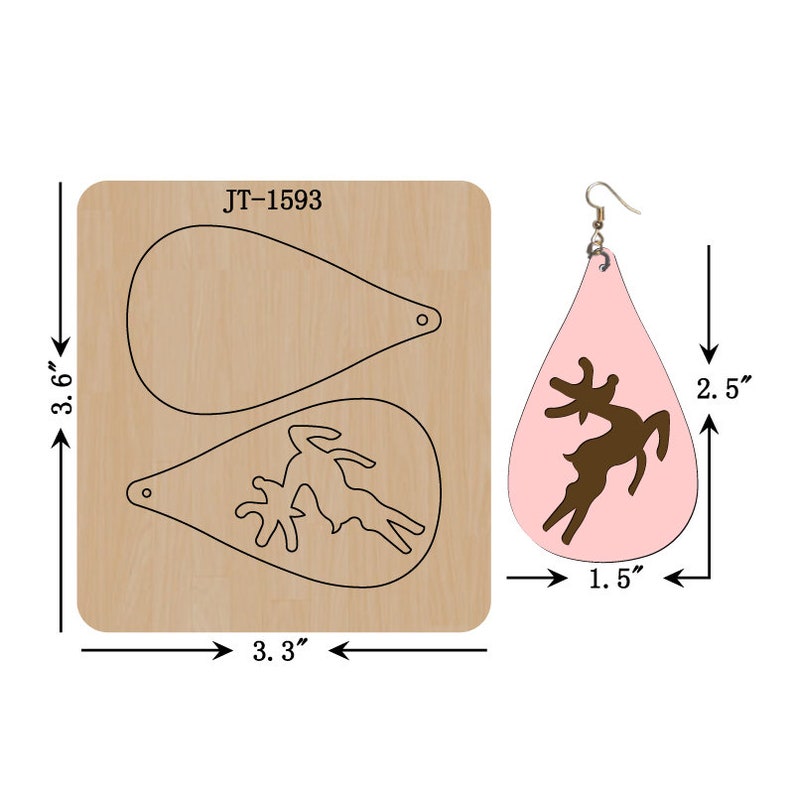 May include: A wooden die-cut for crafting teardrop-shaped earrings, measuring 3.6" x 3.3". The die features two teardrop outlines and a deer silhouette. A finished pink earring with a brown deer design is shown, measuring 2.5" x 1.5".