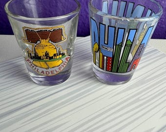 Vintage Philadelphia Souvenir Shot Glass Lot of 2 Skyline Liberty Bell PA Philly