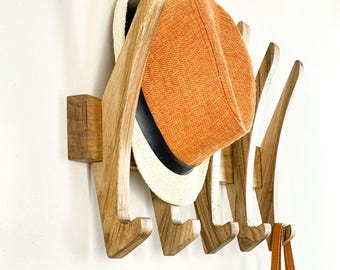 Modern Hat rack in walnut wood: Coat, bags and Clothes Hanger with Wooden Hooks