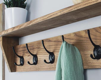 Solid Oak Wall Coat Rack with Shelf – Rustic Entryway Organizer, Wood Hallway Hooks, Mudroom Storage