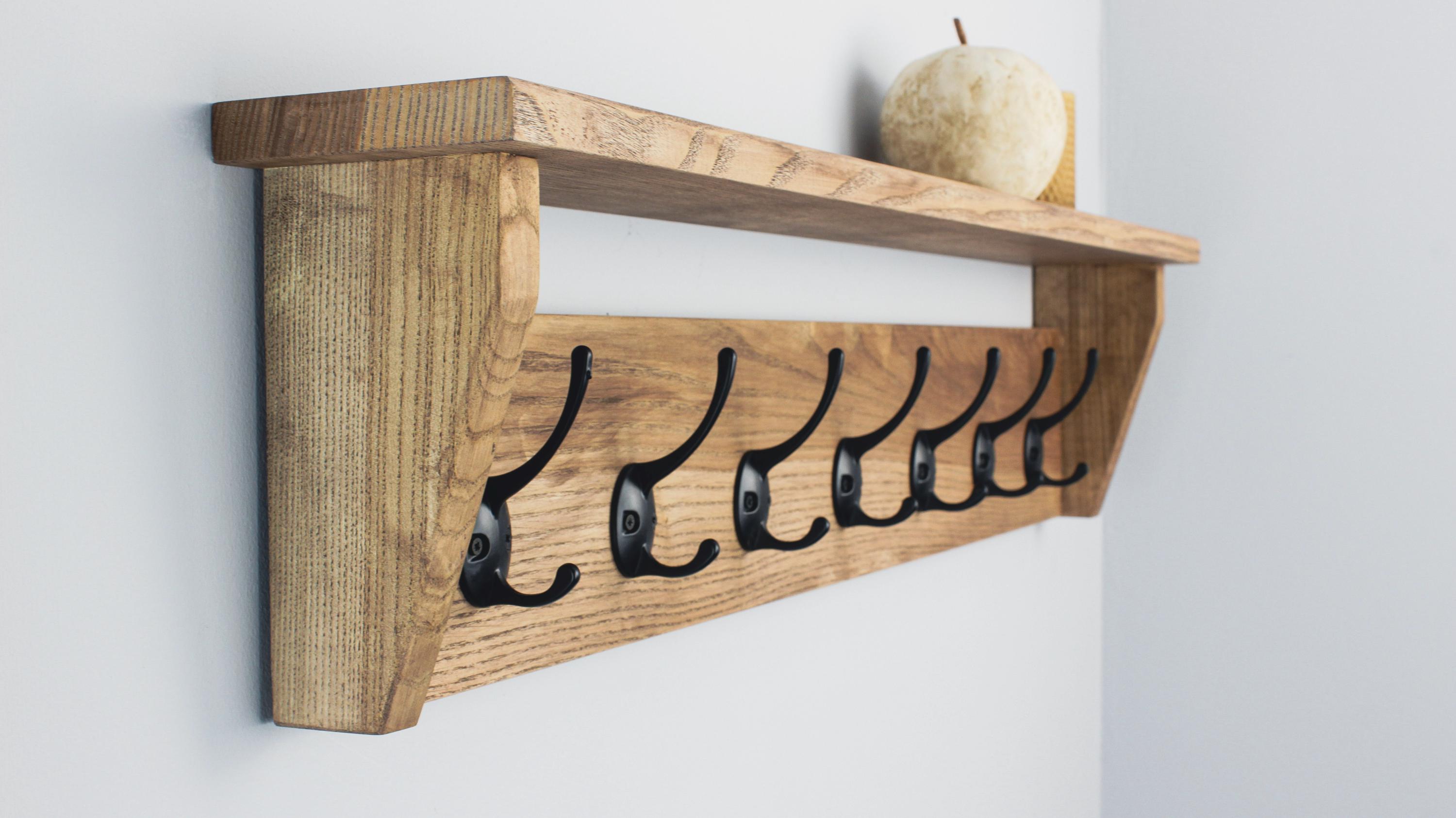 18cm Rack Solid Oak Wall Mounted Coat Rack With Hooks Height 18cm Depth 10cm ...