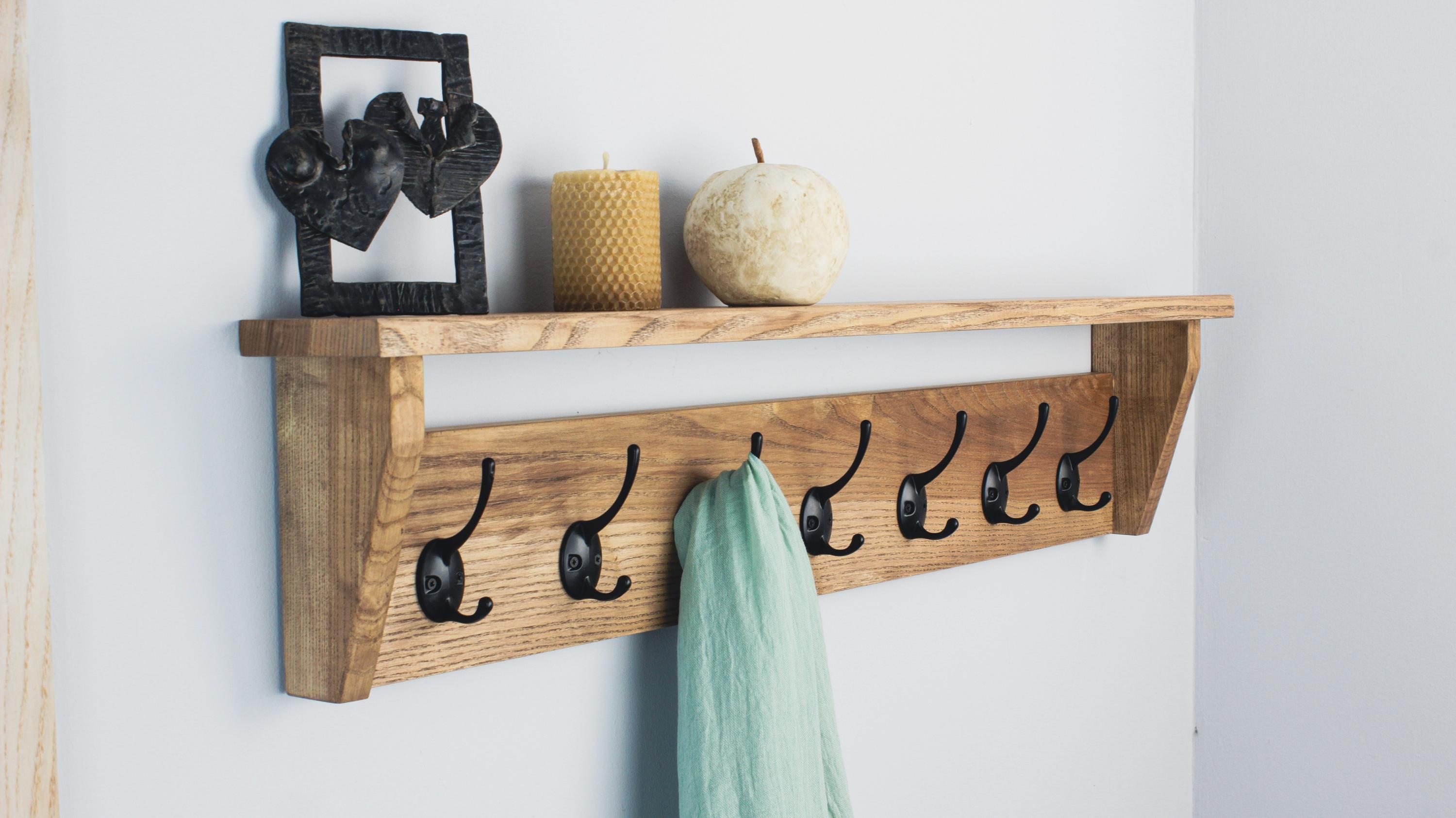18cm Rack Solid Oak Wall Mounted Coat Rack With Hooks Height 18cm Depth 10cm ...