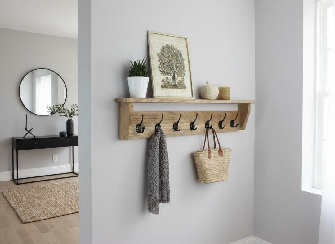 18cm Rack Solid Oak Wall Mounted Coat Rack With Hooks, Height 18cm, Depth 10cm ...