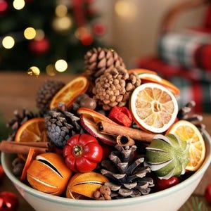 May include: A white ceramic bowl filled with a festive assortment of dried orange slices, brown pinecones, cinnamon sticks, a small red decorative pumpkin, and a dried green lime. The bowl sits on a wooden surface with pine needles in the foreground.