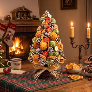 May include: A conical tabletop decoration crafted from dried orange and lime slices, pinecones, and red berries, tied with a raffia bow at the base. The arrangement sits on a wooden table covered with a green and red plaid runner, surrounded by holiday treats.