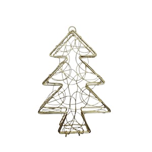 May include: A gold-coloured wire ornament shaped like a Christmas tree. The structure consists of a defined outer frame in the shape of a tree with a tangled, chaotic web of thinner gold wire filling the interior space and a small loop at the top.