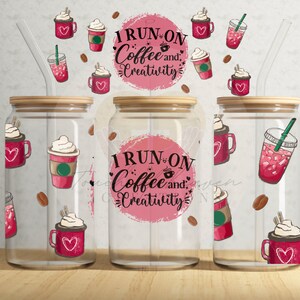 I run on coffee and creativity, Pink coffee latte, coffee cup design, Creator gifts, creator & coffee, creativity, crafter gift, crafty cup