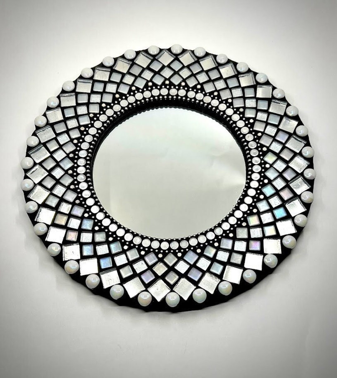 Beautiful 10 Inch Silver Mosaic Mirror With Iridescent Glass Etsy