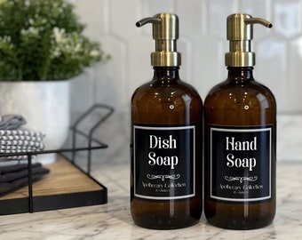 Amber Glass Soap Dispenser with Waterproof Label | Apothecary Collection | Dish Soap Hand Soap or Set | Refillable