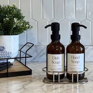 8oz Amber Glass Soap Dispenser Tray Set | Signature Collection | Dish Soap & Hand Soap Bottle with Waterproof Label