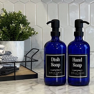 Cobalt Blue Glass Soap Dispenser with Waterproof Label | Apothecary Collection | Dish Soap Hand Soap or Set | Refillable