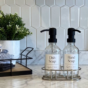8oz Clear Glass Soap Dispenser Tray Set | Signature Collection | Dish Soap & Hand Soap Bottle with Waterproof Label