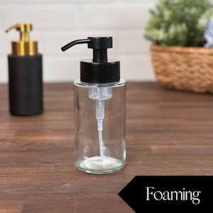 Farmhouse Foaming Glass Soap Dispenser | 10-ounce Capacity | Black or Clear Bottle with Metal Pumps