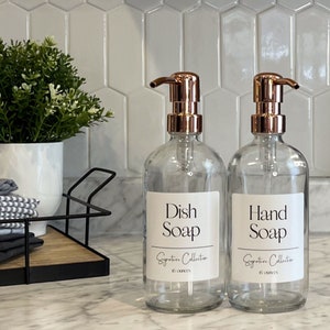 Clear Glass Soap Dispenser with Waterproof Label | Signature Collection | Dish Soap Hand Soap or Set | Refillable