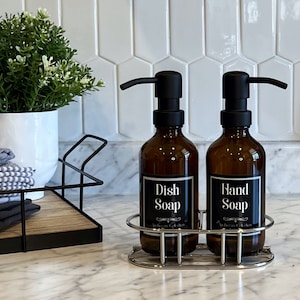 8oz Amber Glass Soap Dispenser Tray Set | Apothecary Collection | Dish Soap & Hand Soap Bottle with Waterproof Label