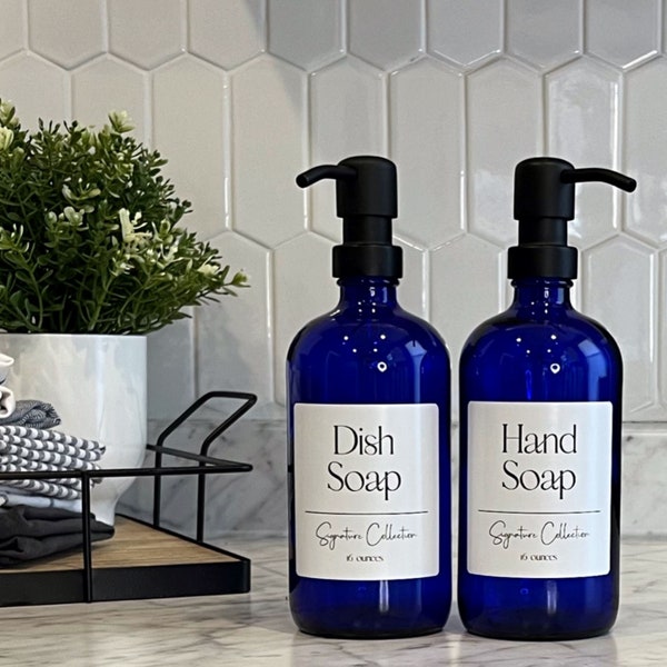 Cobalt Blue Glass Soap Dispenser with Waterproof Label | Signature Collection | Dish Soap Hand Soap or Set | Refillable