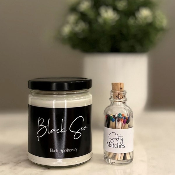 Black Sea Candles | Handmade Soy Candle | 100% Soy Wax | 9 oz. Candles | Glass Jar | FREE Safety Matches