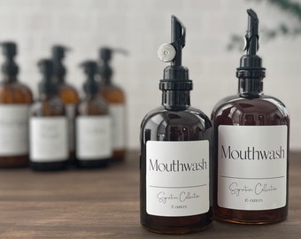 Mouthwash Amber Bottle with Pour Spout | Signature Collection | Refillable Apothecary Bottle with Waterproof Label | Custom Option