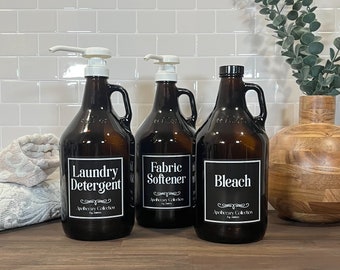 64-ounce Amber Glass Laundry Bottle | Apothecary Laundry Collection | Refillable Bottles | Waterproof Labels | Detergent, Softener, Bleach