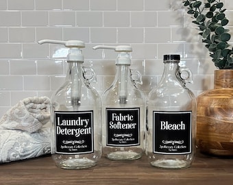 64-ounce Clear Glass Laundry Bottle | Apothecary Laundry Collection | Refillable Bottles | Waterproof Labels | Detergent, Softener, Bleach