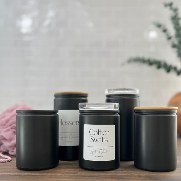 Black Matte Bathroom Storage Jars | Signature Collection | 12oz and 16oz Glass Jars | Custom Labeled